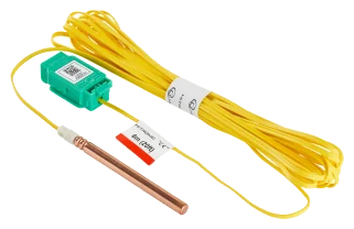 Hanwha HiTRONIC X electronic detonator with yellow lead wire and QR-coded connector